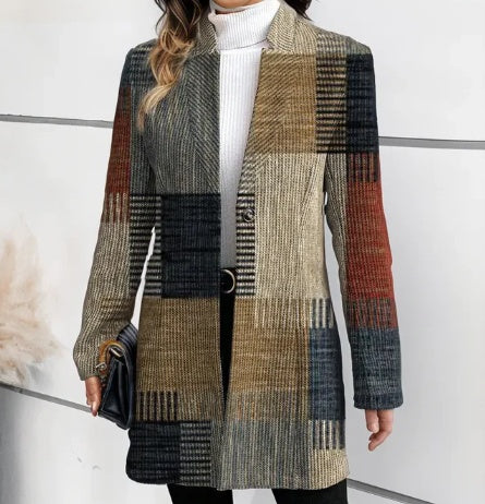 Printed Stand Up Collar Mid Length Long Sleeved Windbreaker Jacket