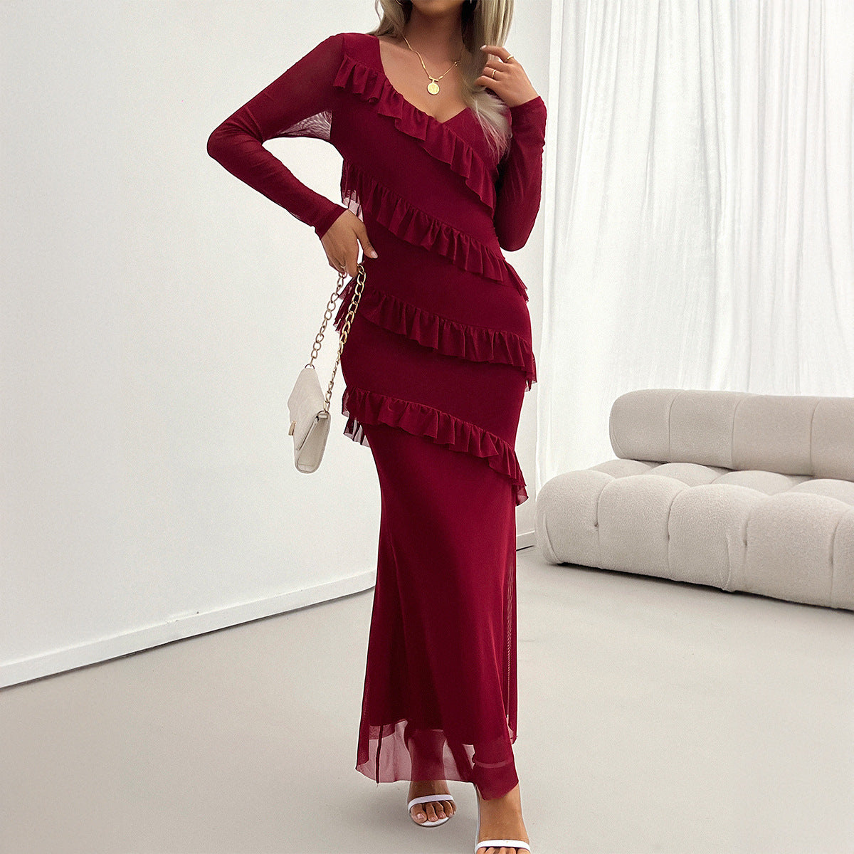 Women's Elegant Slim Fit Mesh V-Neck Dress – Evening Party & Formal Wear