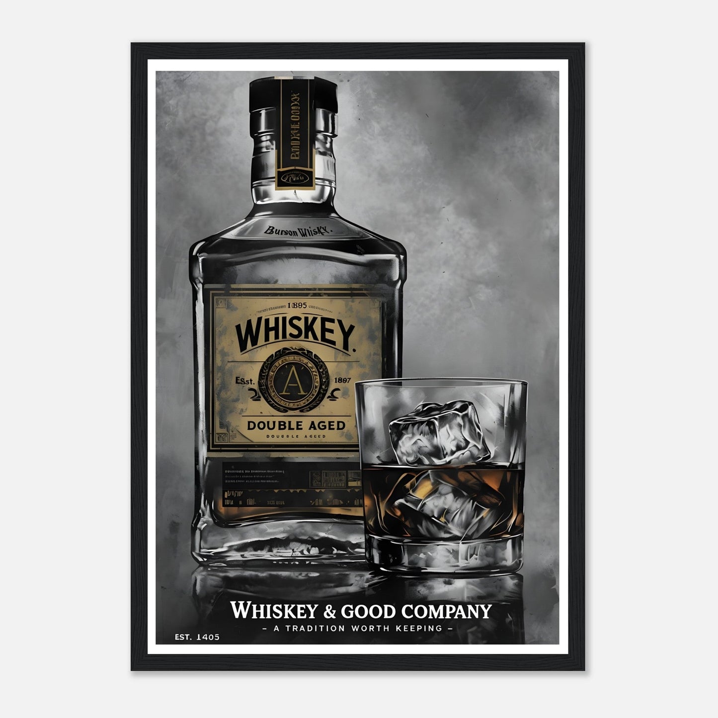 Noir Whiskey Bottle Framed Poster – Sophisticated Wall Art for Home Bars & Lounges