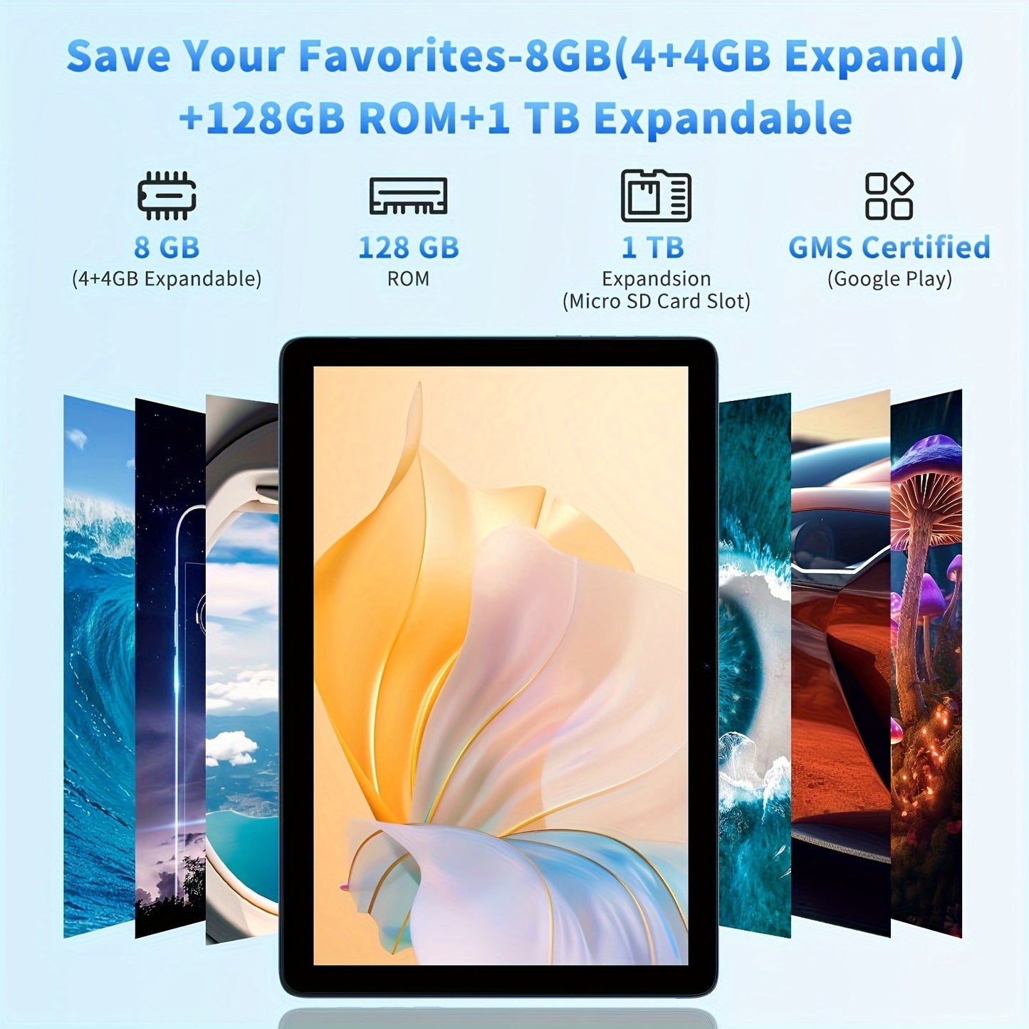 25.65 cm Tablet Android 14, 2-in-1 Tablet with Keyboard, Mouse, Case, Stylus, 128GB ROM + 8GB RAM Extended, Dual 8MP Camera, Octa-Core, 8000mAh, 1280x800 IPS Display, Wi-Fi 6, Google Certified