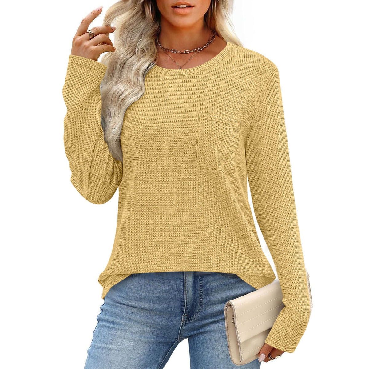 Women's Long-Sleeved Waffle Knit Top T-Shirt