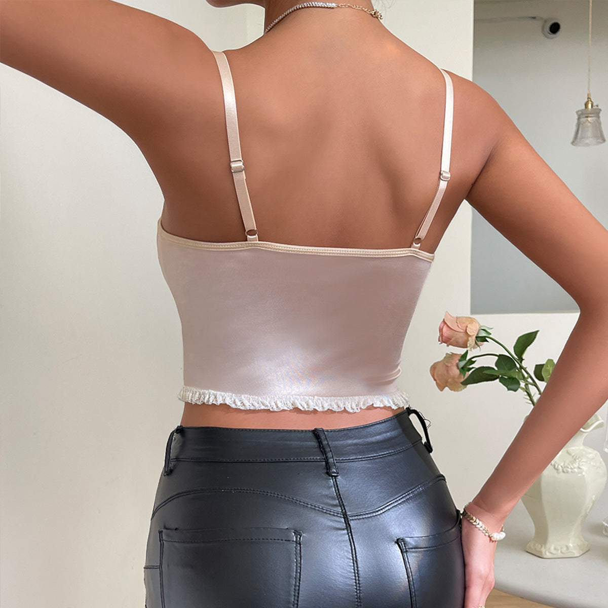 Lace Satin Corset Camisole – Printed Fishbone Top with Cross-Rope Detail
