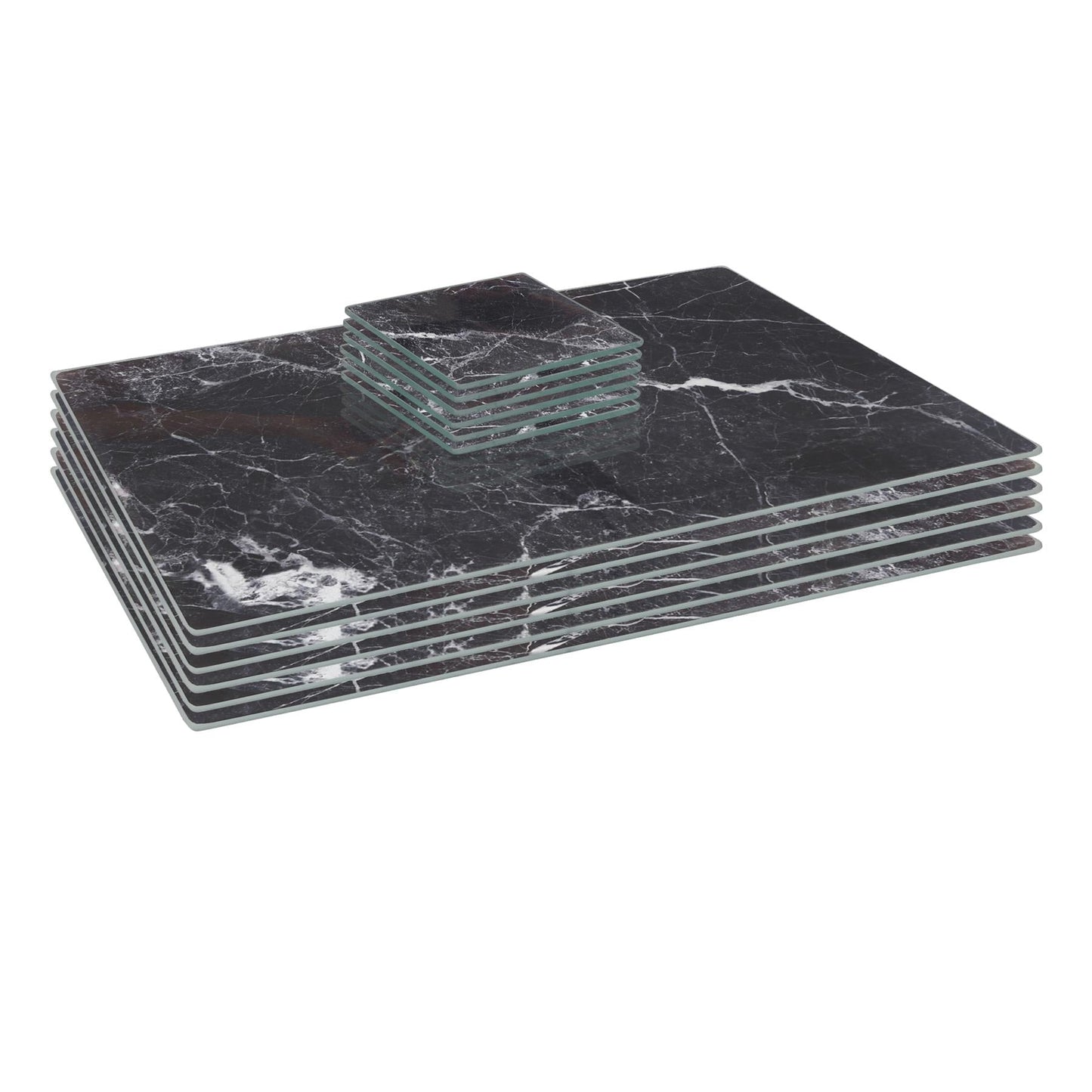 12pc Rectangle Glass Placemats & Square Coasters Set - 40cm x 30cm - Marble