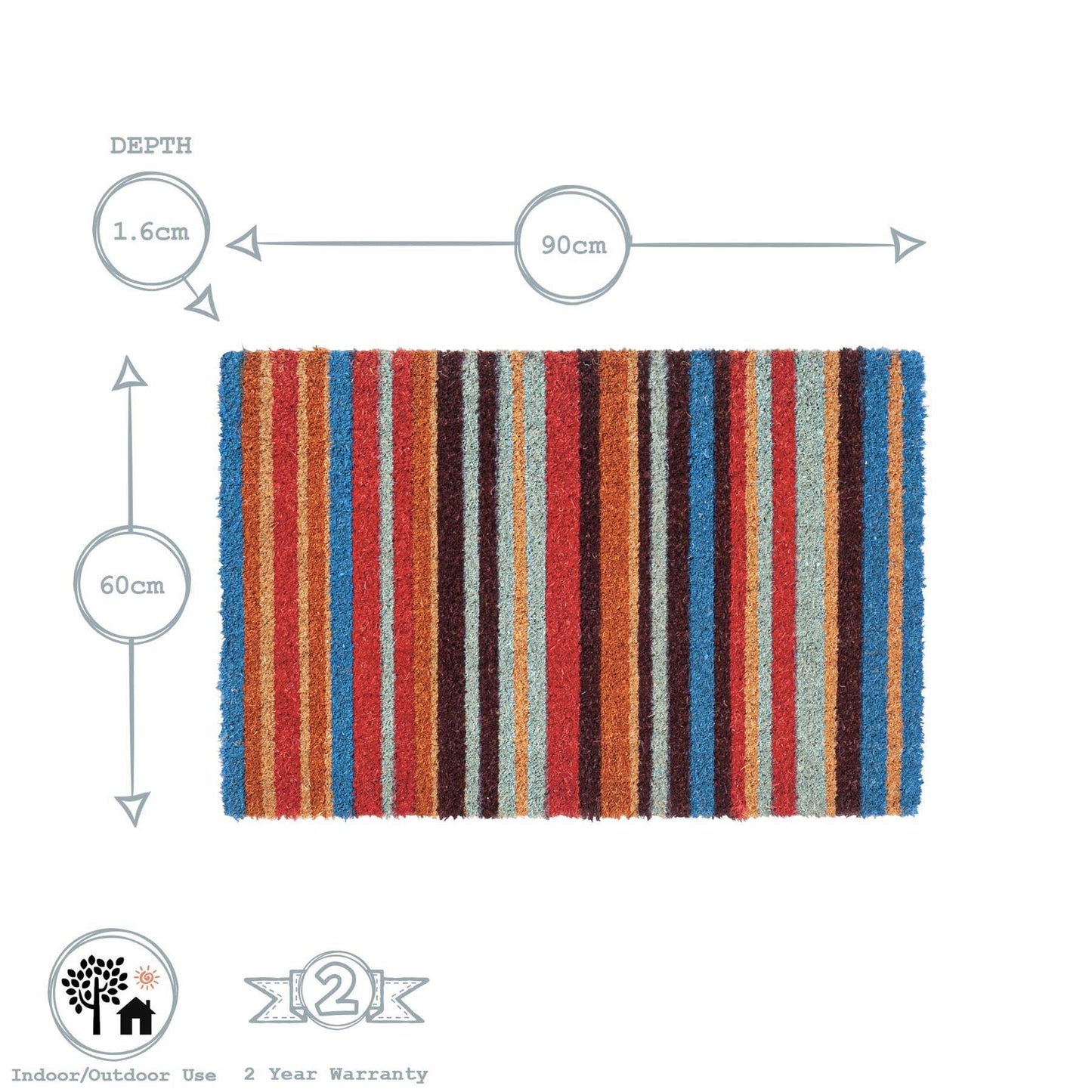90cm x 60cm Multicoloured Pinstripe Coir Door Mat