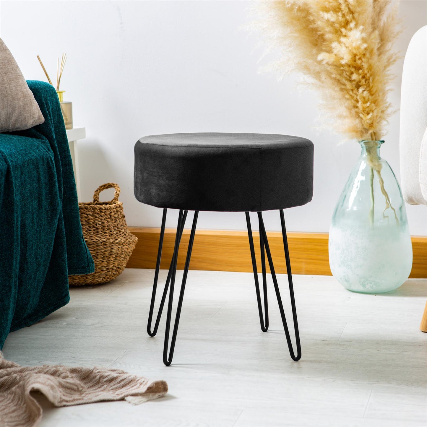 Black Round Velvet Footstool