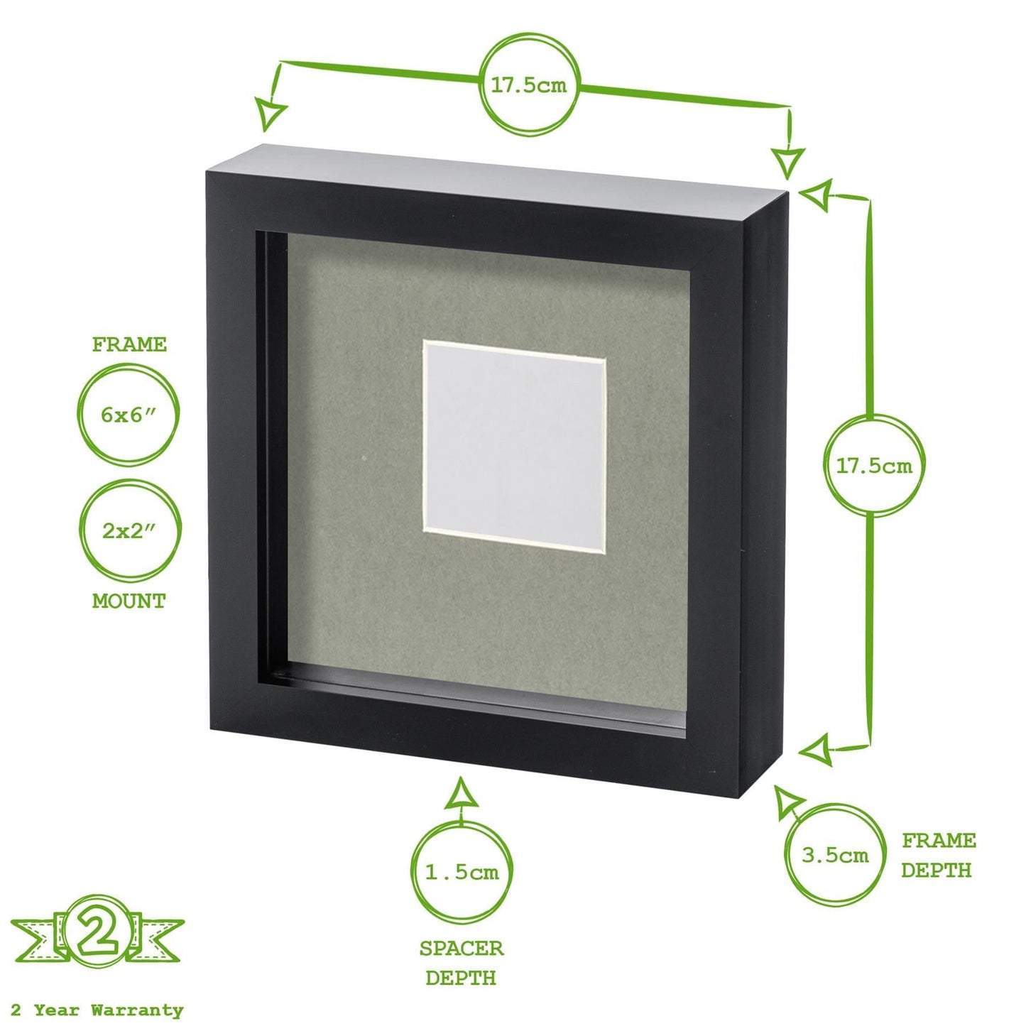 Grey 6" x 6" 3D Box Photo Frame with 2" x 2" Mount