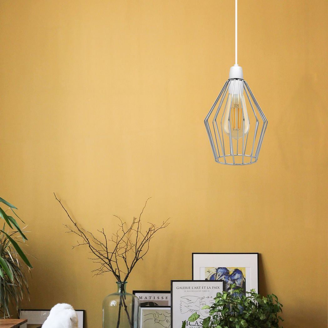 Modern Vintage Chrome Industrial Metal Rustic Lampshade Vintage Light Open Wire Frame cage Diamond Geometric Shape Lamp
