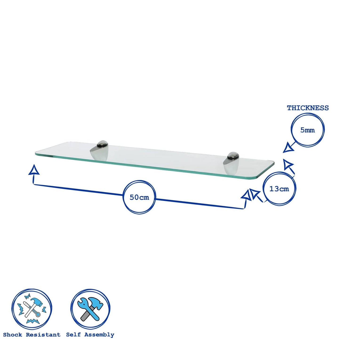 50cm Rounded Floating Glass Shelf with Gold Fixings
