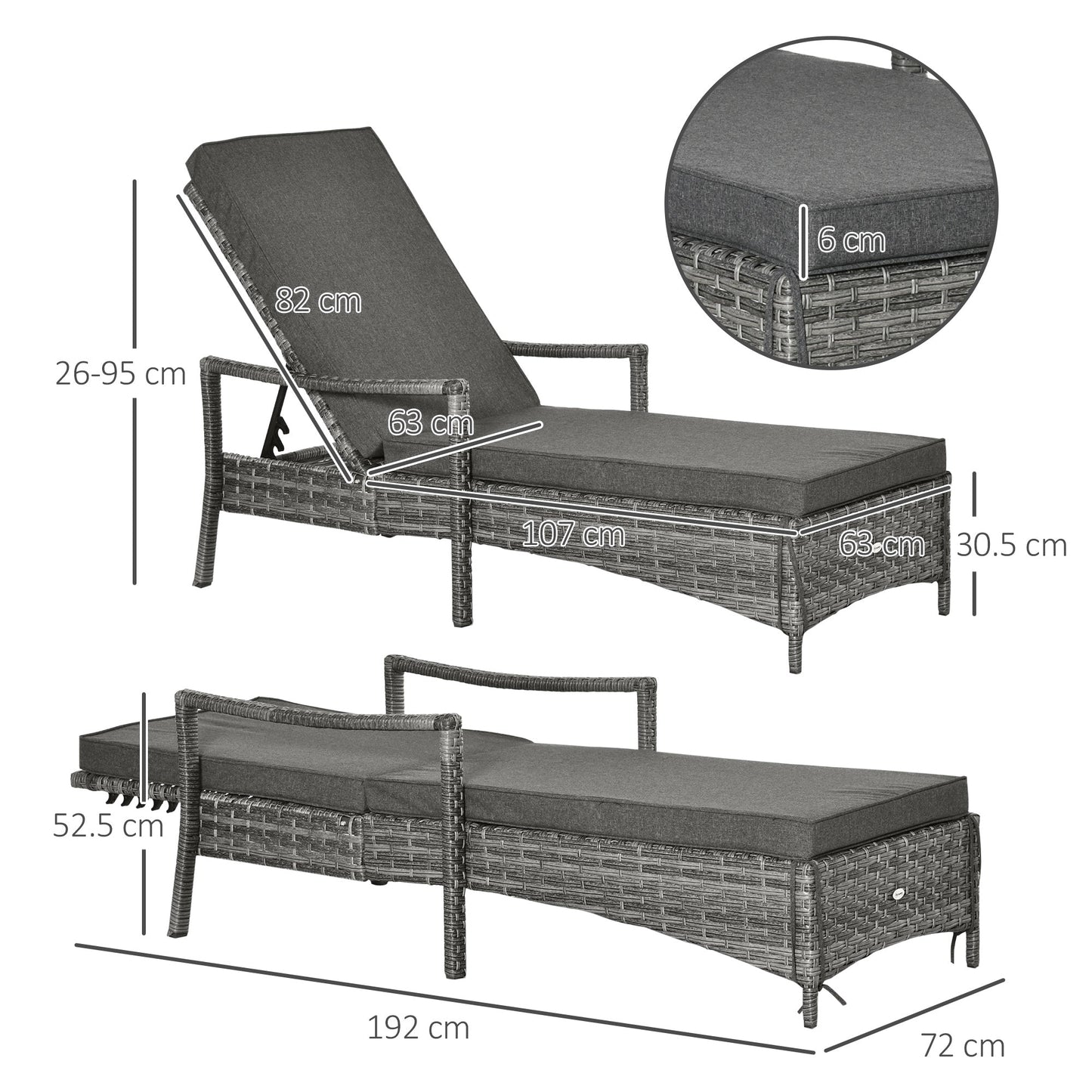 Rattan Single Sun Lounger Reclining Chair 4 Adjustable Backrest & Cushion Grey