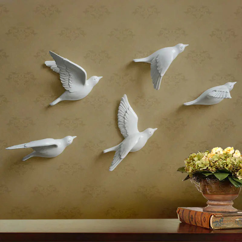 Nordic Resin Bird Wall Art – 3D Hanging Ornament Set of 5