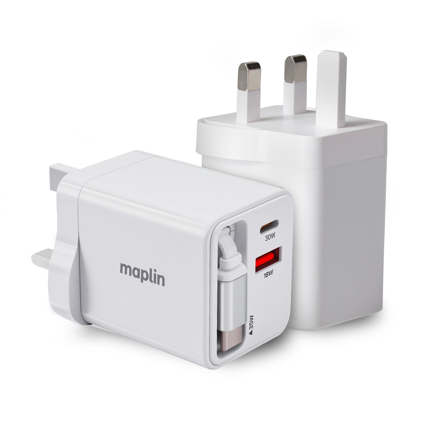 Maplin 35W GaN 2-Port USB Wall Charger with USB-C PD, USB-A QC 3.0 & Retractable USB-C Cable