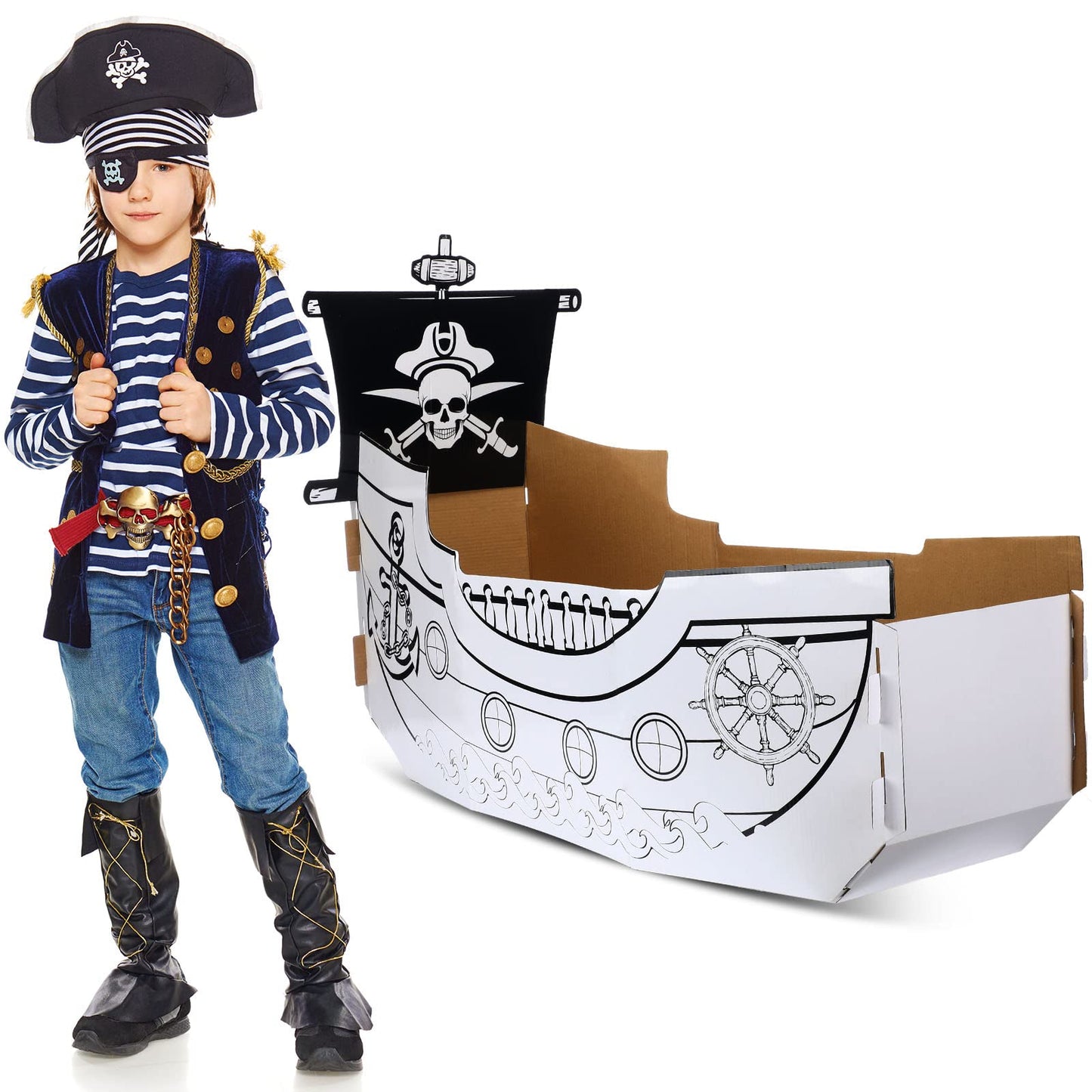 Eaasty Coloring Pirate Ship Cardboard Playhouse – DIY Kids Craft for Indoor & Outdoor Play