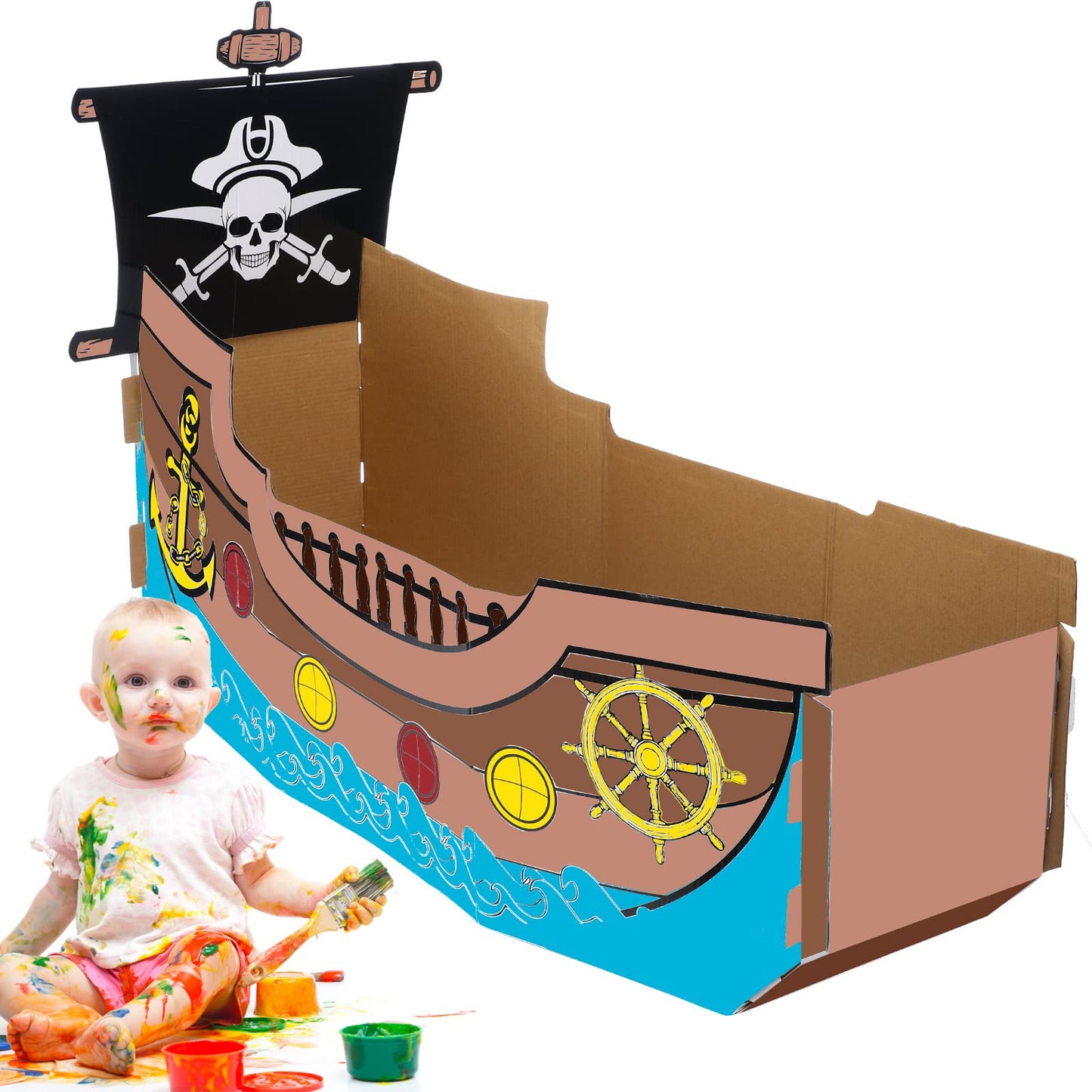 Eaasty Coloring Pirate Ship Cardboard Playhouse – DIY Kids Craft for Indoor & Outdoor Play