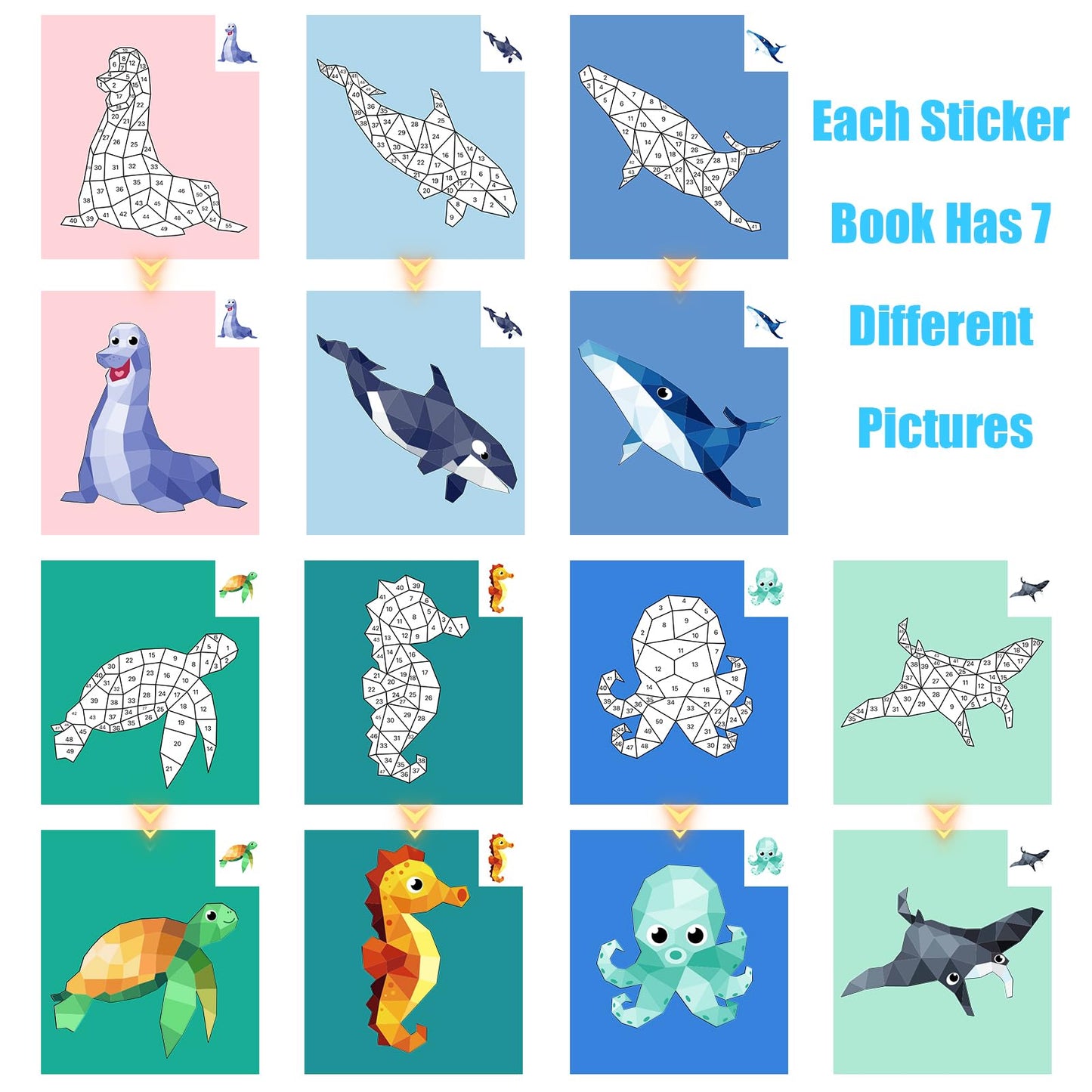 AEAHALY 2 Pack Paint by Sticker Books for Kids 4-8 | Dinosaur & Ocean Reusable Sticker Activity