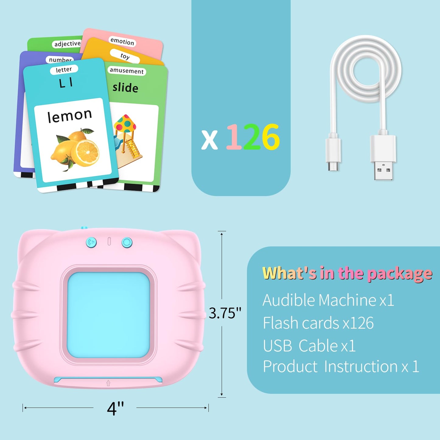 Eaever ABC Talking Flash Cards – 252 Sight Words for Ages 2-6 | Rechargeable Pink Learning Toy