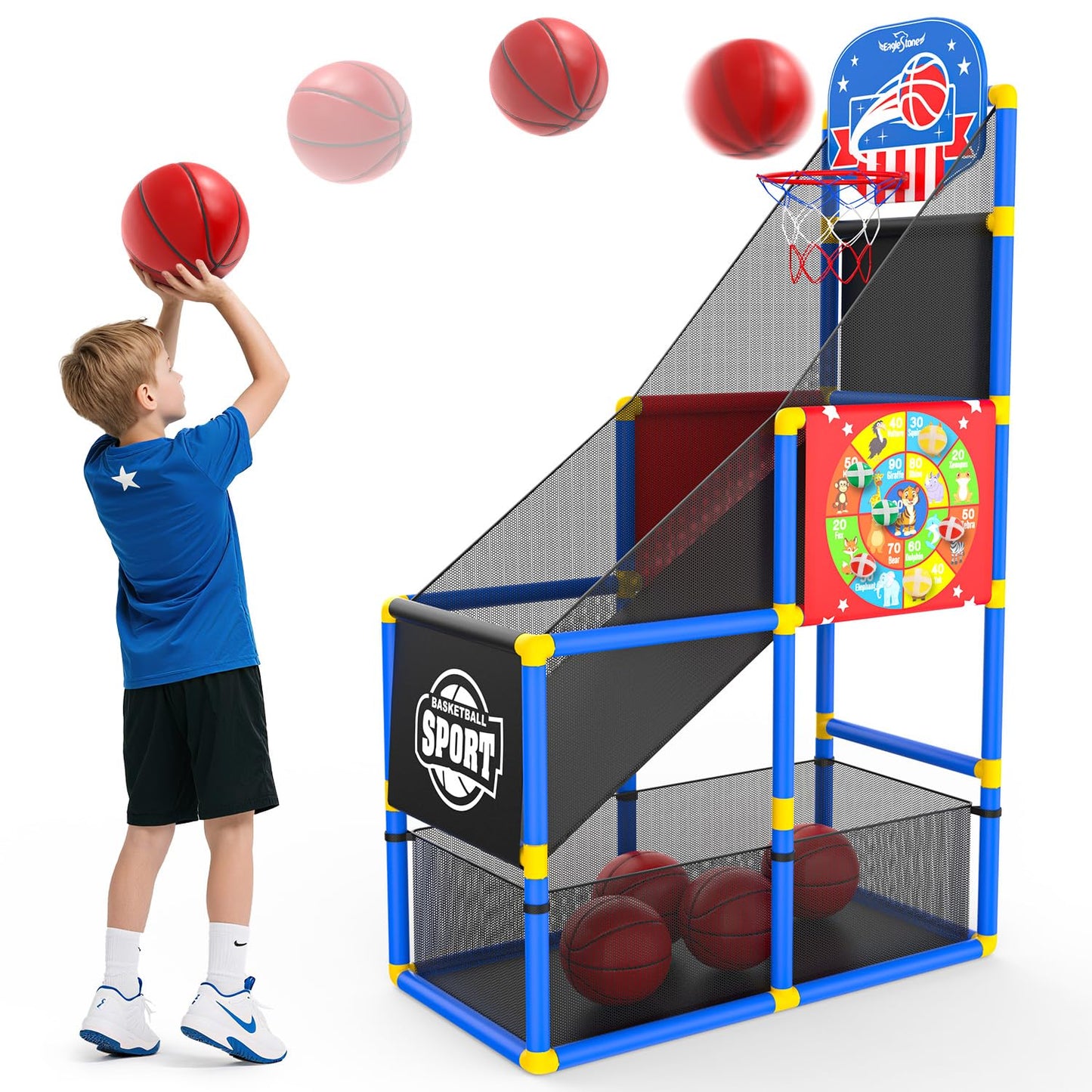 EagleStone 2-in-1 Kids Arcade Basketball Hoop & Dart Board | Adjustable Height
