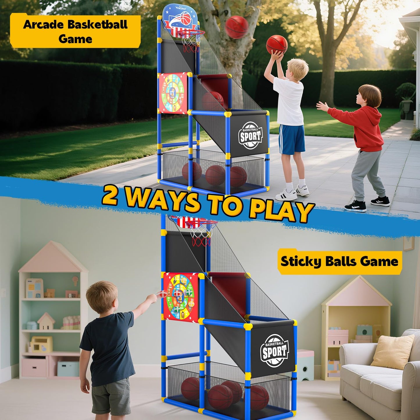EagleStone 2-in-1 Kids Arcade Basketball Hoop & Dart Board | Adjustable Height