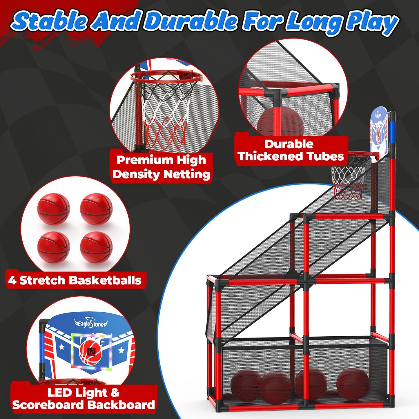 EagleStone Kids Adjustable Arcade Basketball Hoop with LED Lights & Scoreboard | Indoor & Outdoor