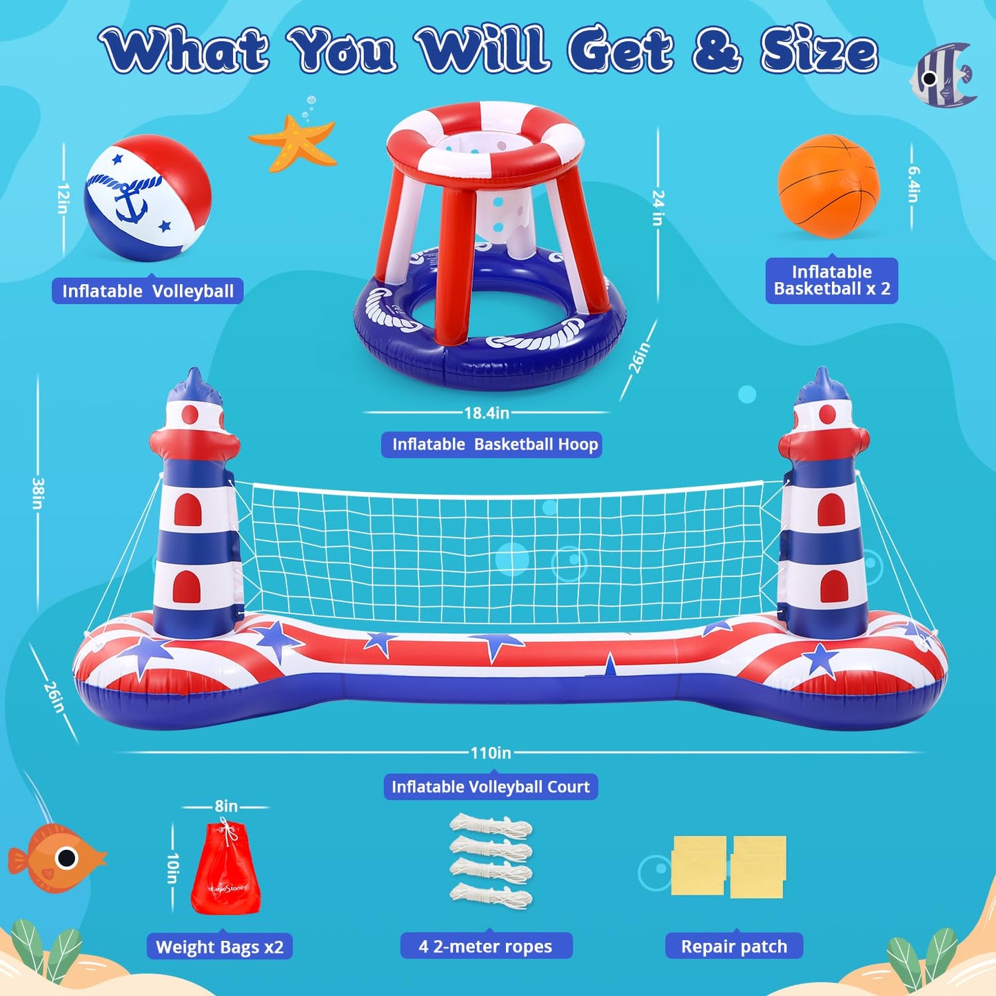 EagleStone Inflatable Pool Game Set – Volleyball Net & Basketball Hoop, Heavy-Duty PVC, Family Pool Party Essentials
