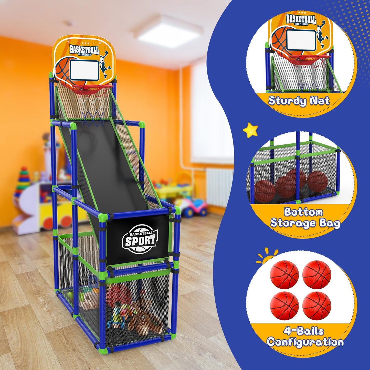 EagleStone Arcade Basketball Hoop Game Indoor — Adjustable Height, 4-Ball Storage, for Kids Aged 3-8