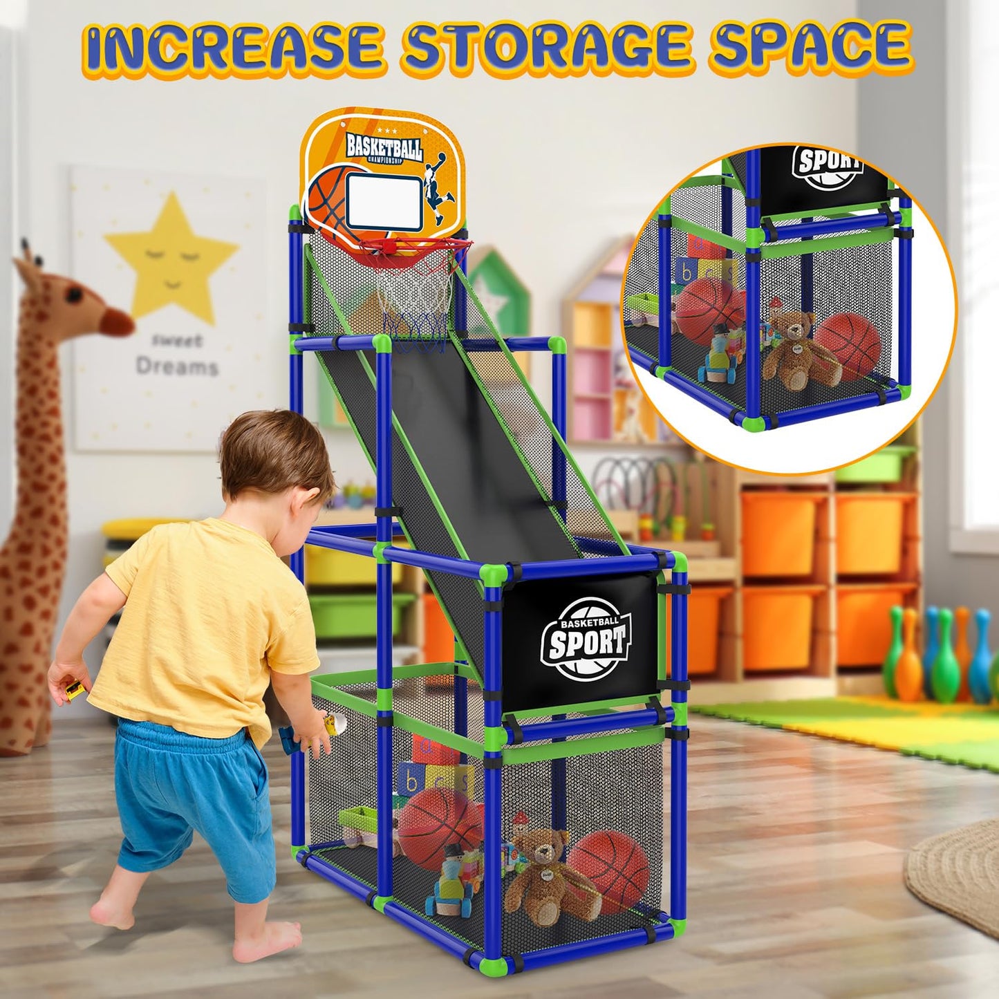 EagleStone Arcade Basketball Hoop Game Indoor — Adjustable Height, 4-Ball Storage, for Kids Aged 3-8
