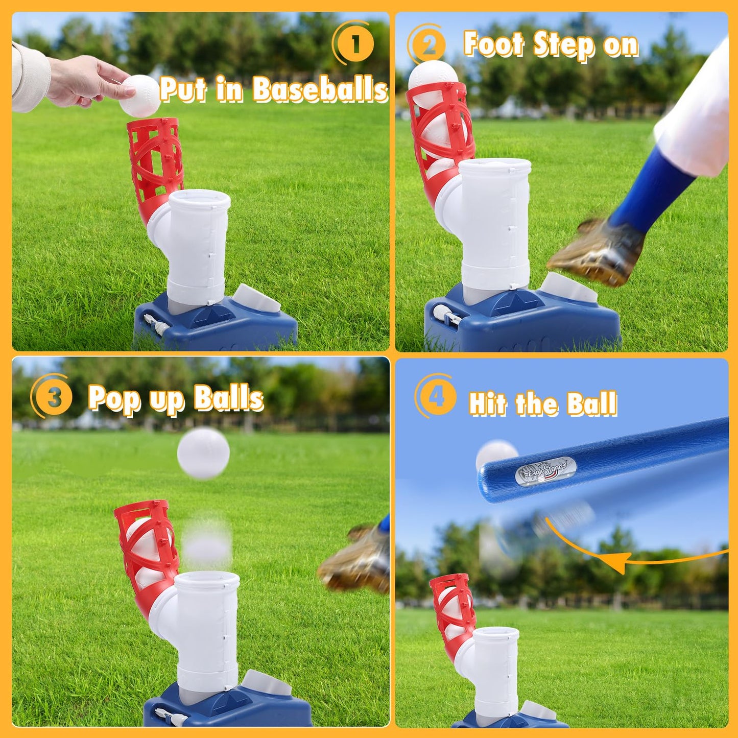 EagleStone Baseball Tee T-Ball Set for Kids 3-5 | 2-in-1 Pitching Machine & Adjustable Bat