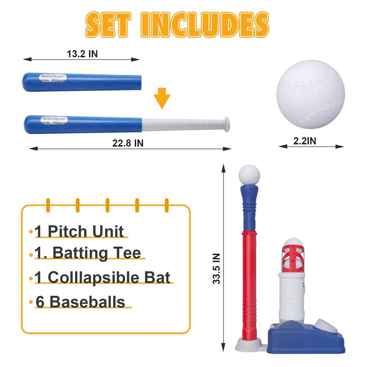EagleStone Baseball Tee T-Ball Set for Kids 3-5 | 2-in-1 Pitching Machine & Adjustable Bat