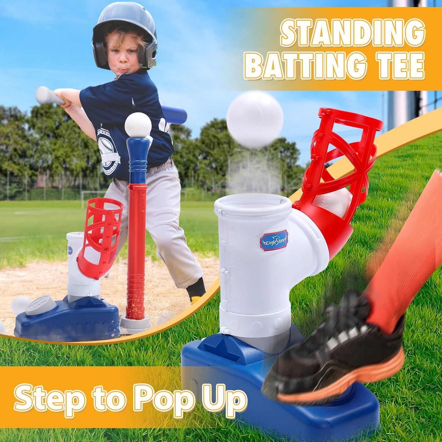 EagleStone Baseball Tee T-Ball Set for Kids 3-5 | 2-in-1 Pitching Machine & Adjustable Bat