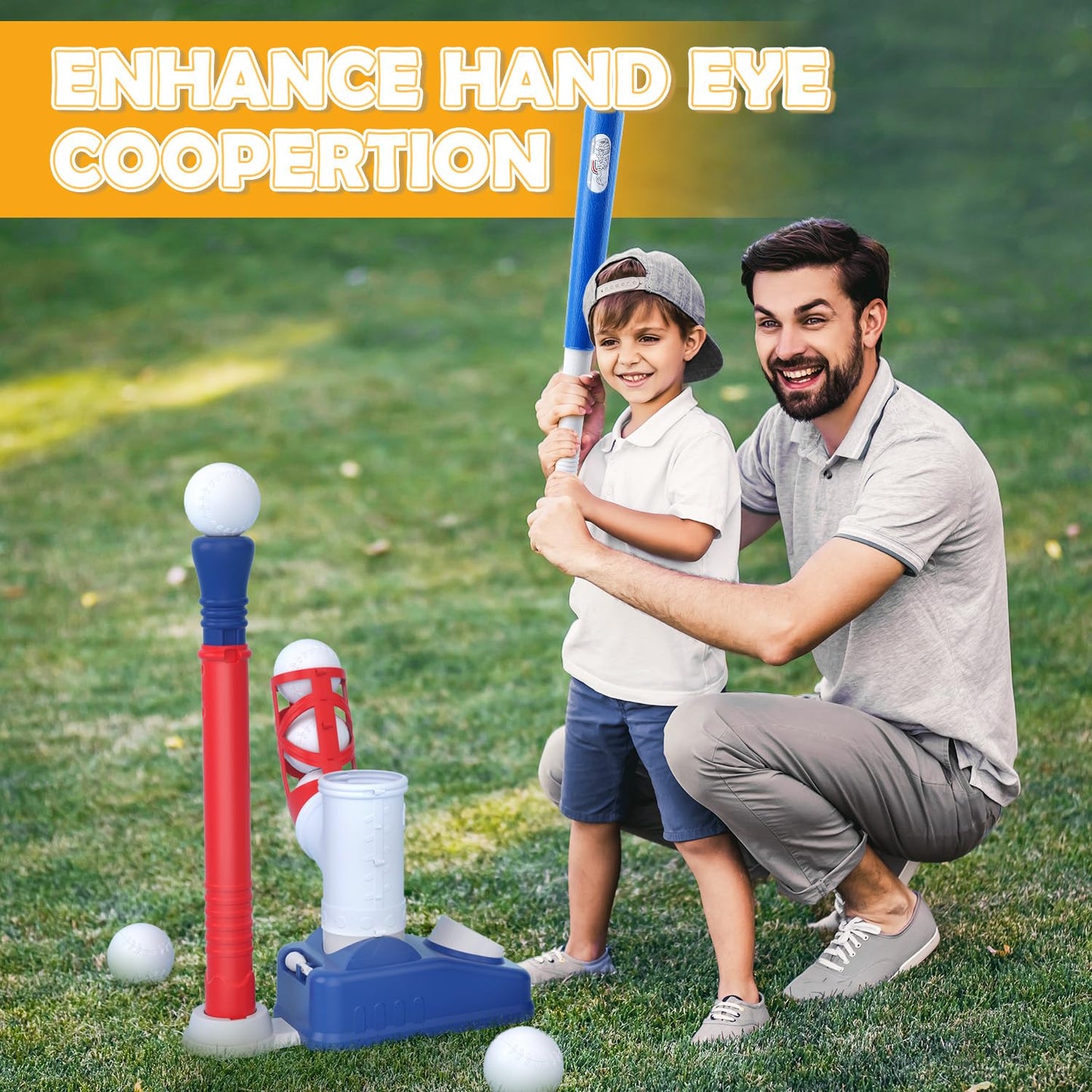 EagleStone Baseball Tee T-Ball Set for Kids 3-5 | 2-in-1 Pitching Machine & Adjustable Bat