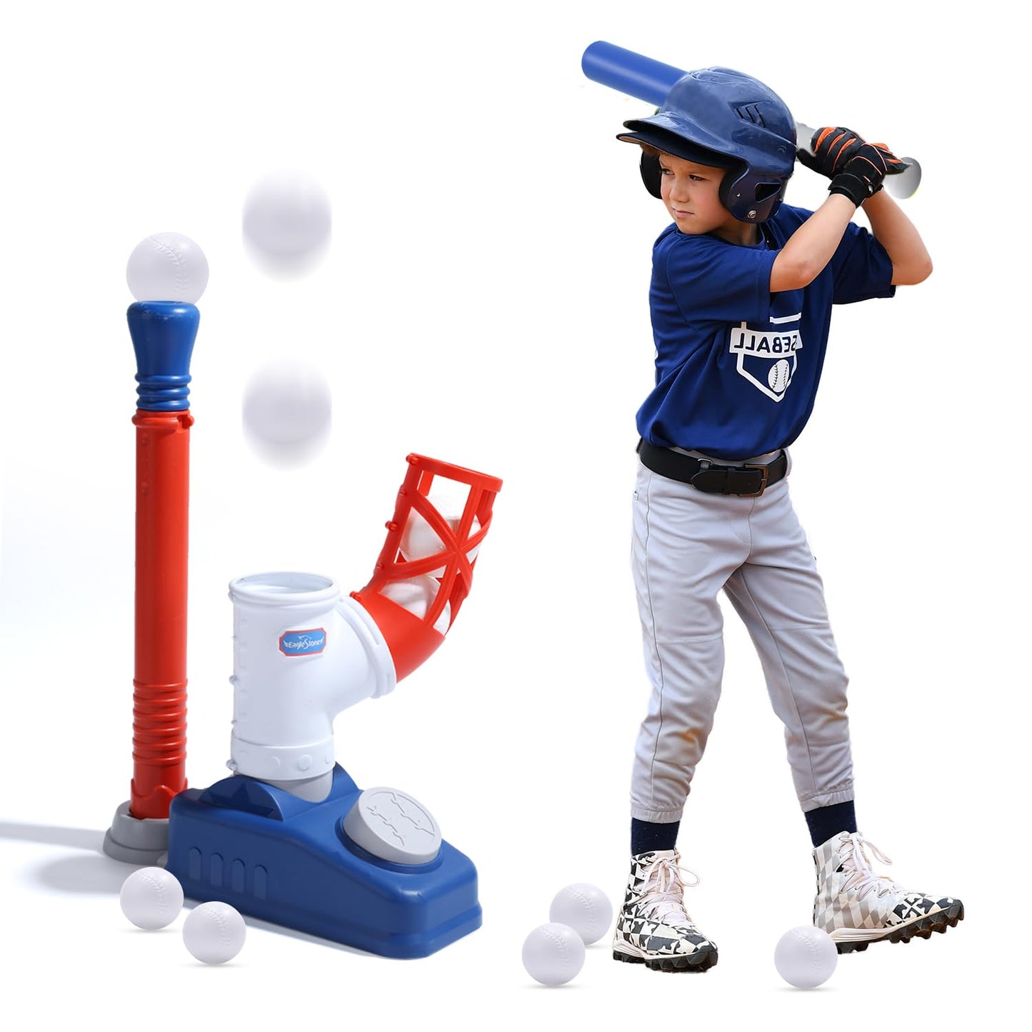 EagleStone Baseball Tee T-Ball Set for Kids 3-5 | 2-in-1 Pitching Machine & Adjustable Bat