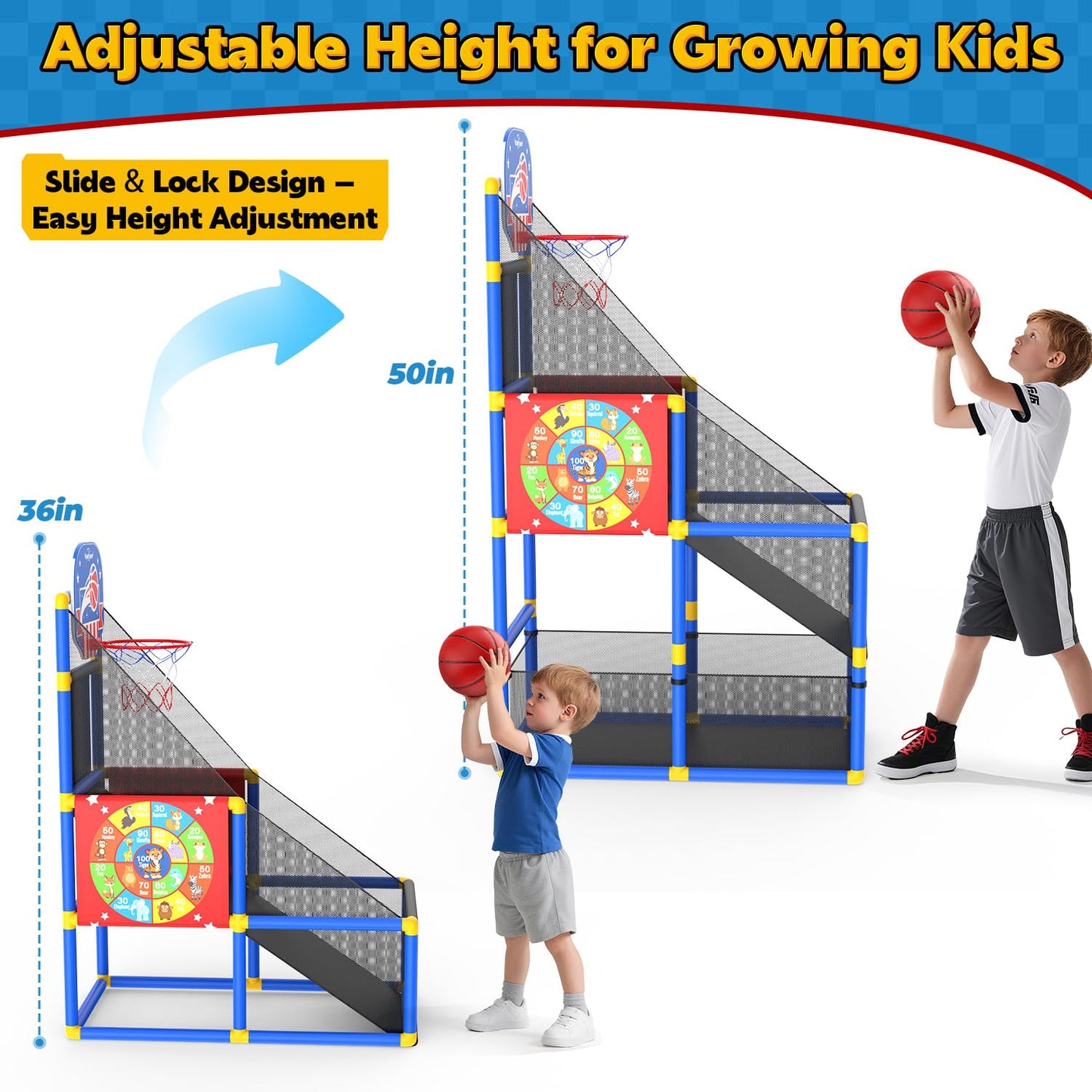 EagleStone 2-in-1 Kids Arcade Basketball Hoop & Dart Board | Adjustable Height