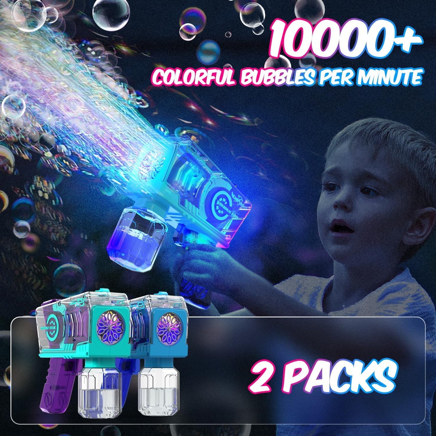 EagleStone Bubble Gun for Kids — 2-Pack LED Bubble Machine with 10-Hole Wands