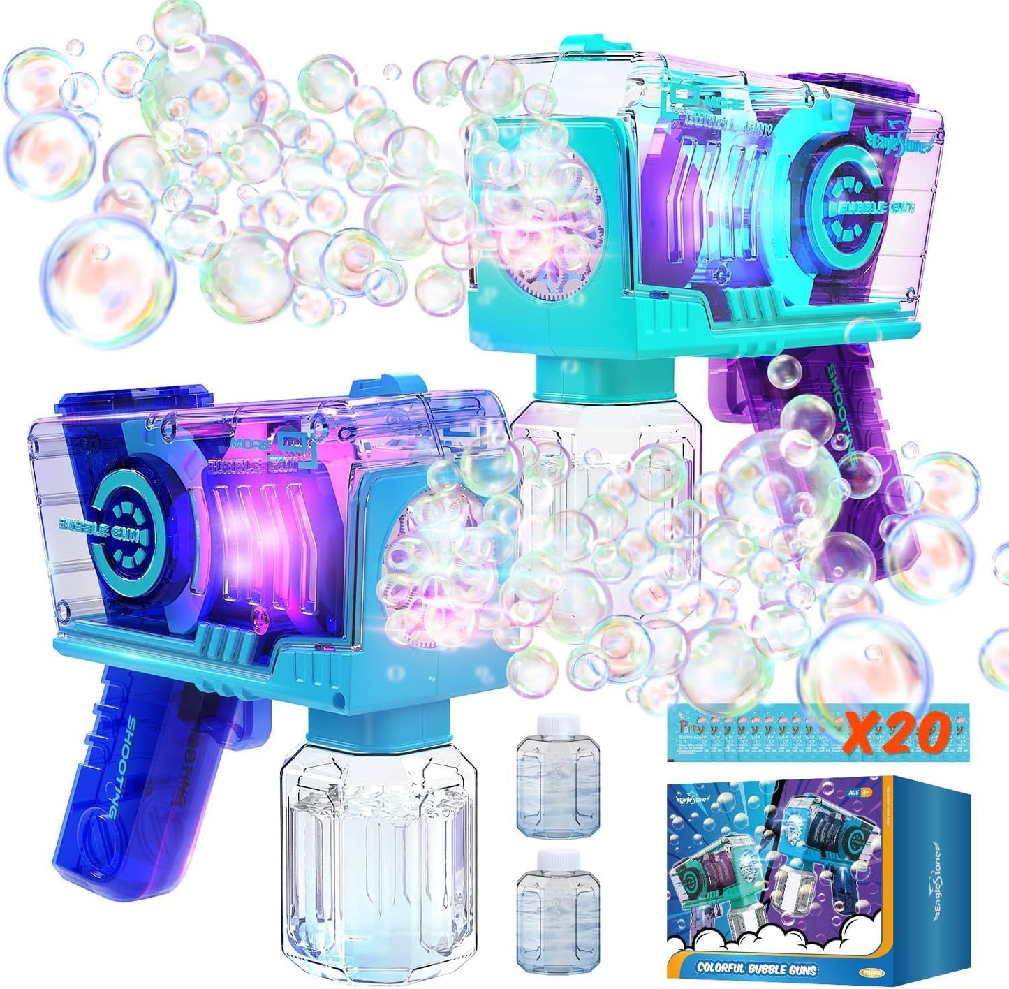 EagleStone Bubble Gun for Kids — 2-Pack LED Bubble Machine with 10-Hole Wands