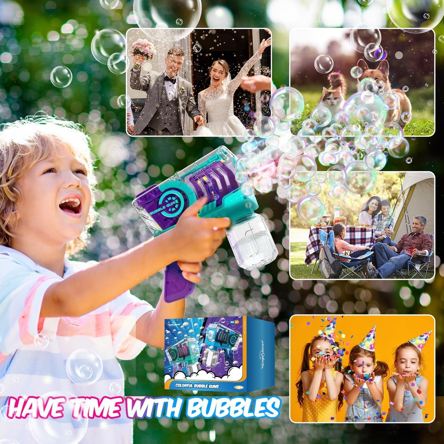 EagleStone Bubble Gun for Kids — 2-Pack LED Bubble Machine with 10-Hole Wands