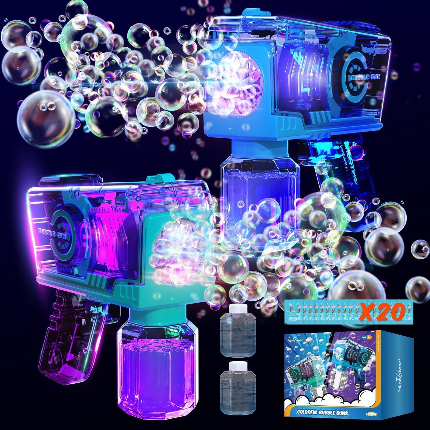 EagleStone Bubble Gun for Kids — 2-Pack LED Bubble Machine with 10-Hole Wands