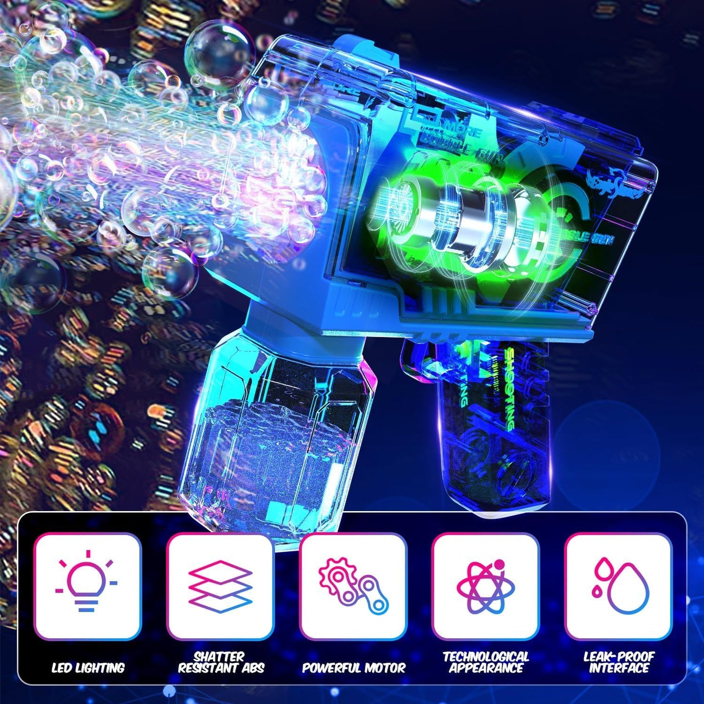 EagleStone Bubble Gun for Kids — 2-Pack LED Bubble Machine with 10-Hole Wands