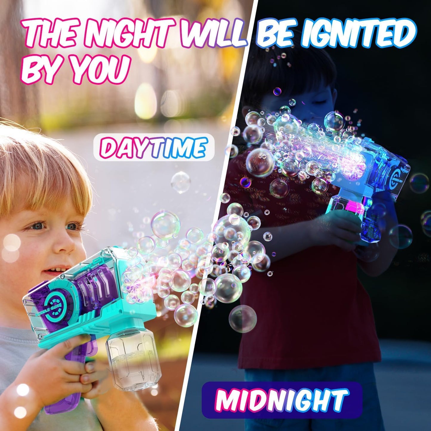EagleStone Bubble Gun for Kids — 2-Pack LED Bubble Machine with 10-Hole Wands