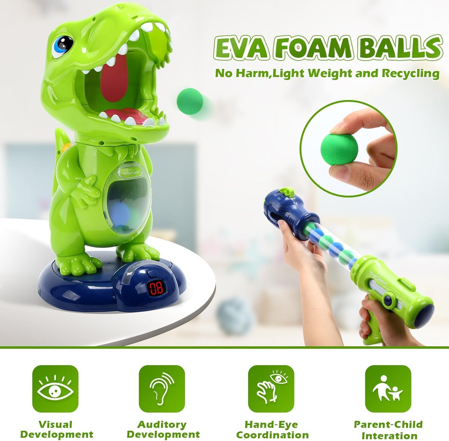 EagleStone Movable Dinosaur Shooting Toy – Dual-Mode Target with 48 Foam Balls