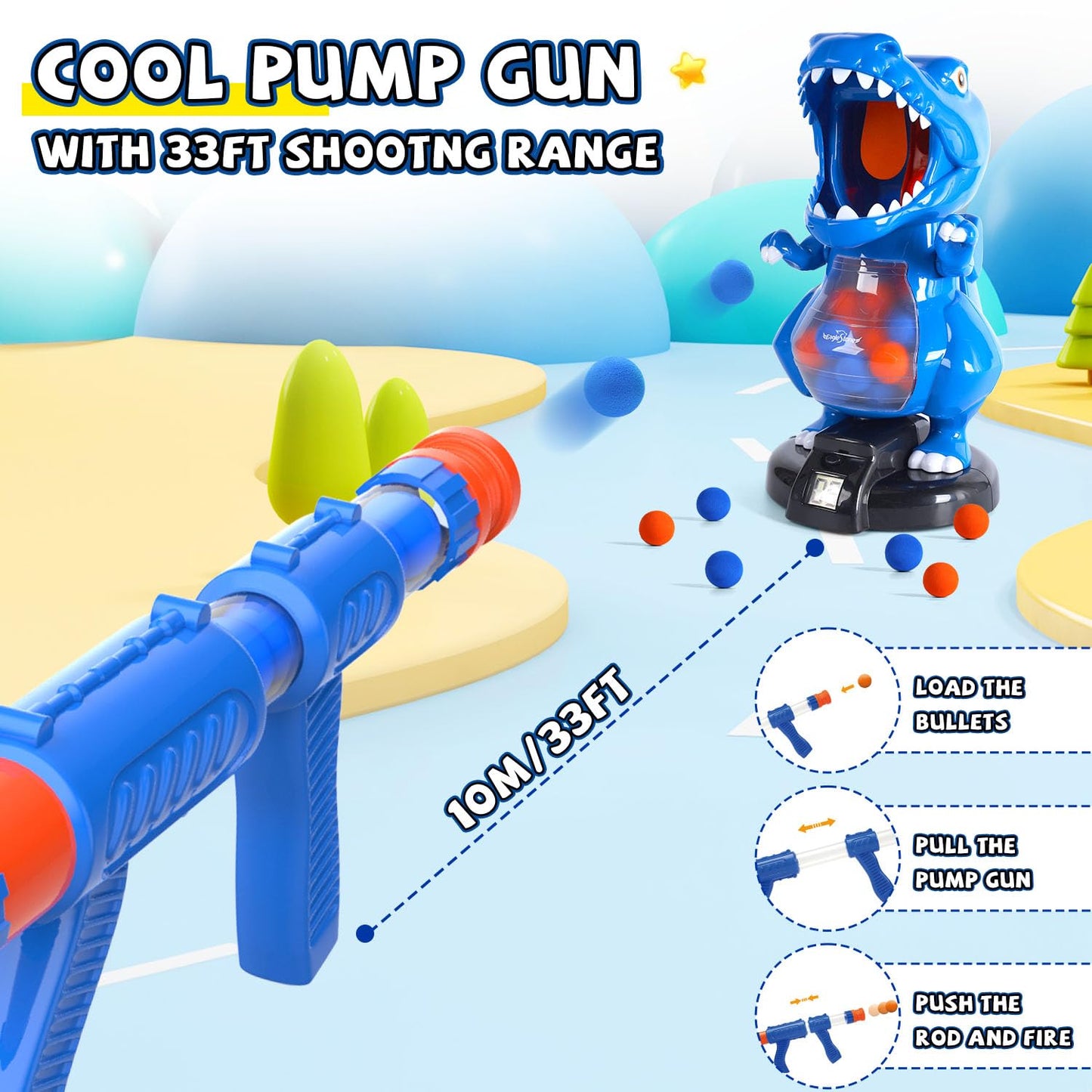 EagleStone T-Rex Dinosaur Shooting Toy – Safe Foam Ball Blaster for Kids 6-12
