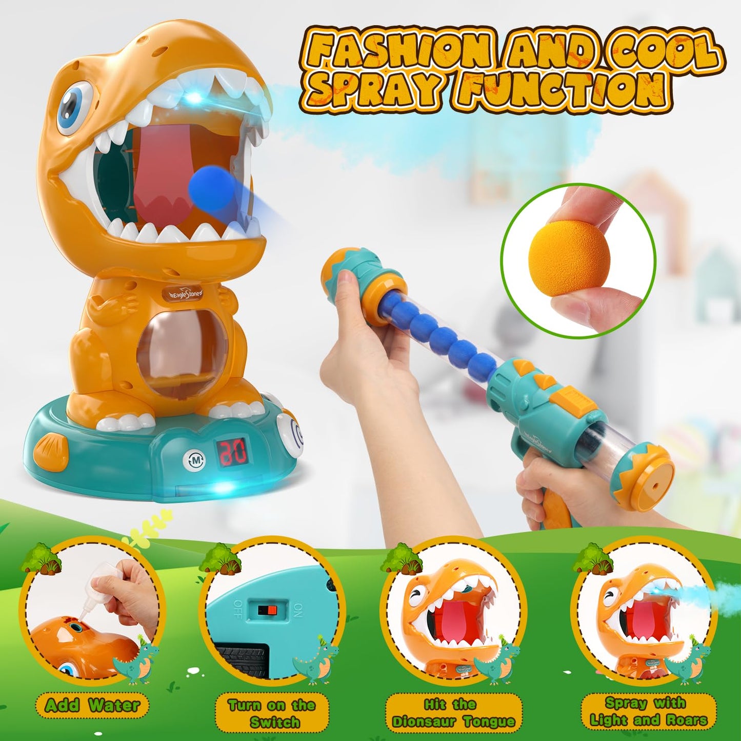 EagleStone RC Dinosaur Shooting Toy – 3 Modes, Auto Scoring, LED Lights & Roar