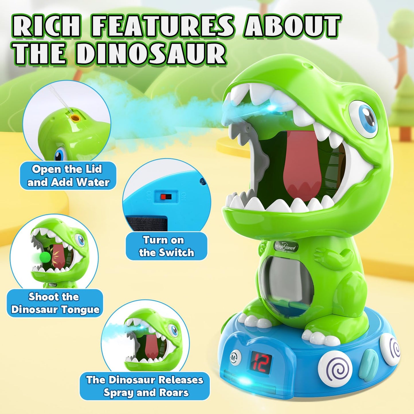EagleStone Remote Control Movable Shooting Dinosaur Toy – 3-8 Year Olds, 2.4GHz RC, Auto Scoring & Smoke