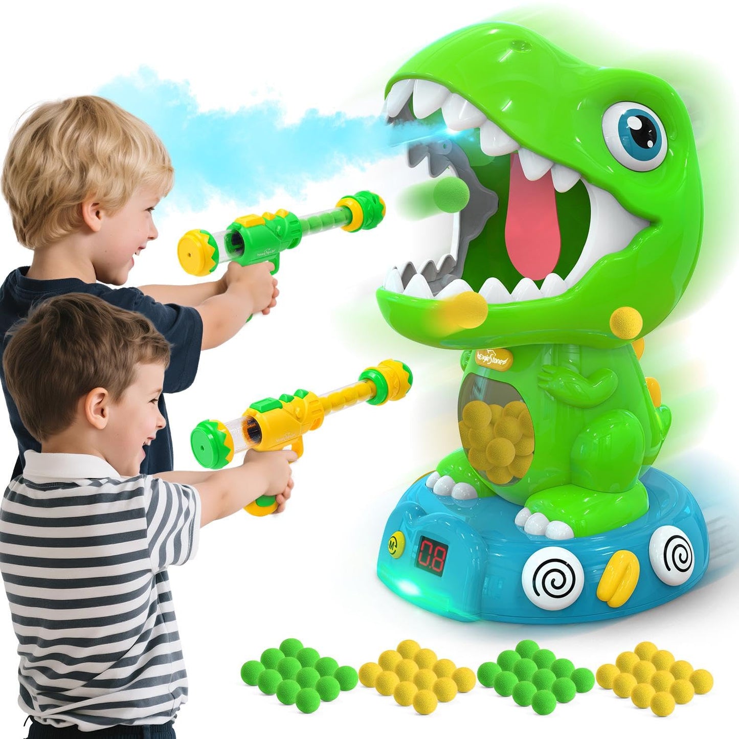 EagleStone Movable Dinosaur Shooting Toy for Kids 5-7 – 2 Guns, 48 Foam Balls, Light & Sound