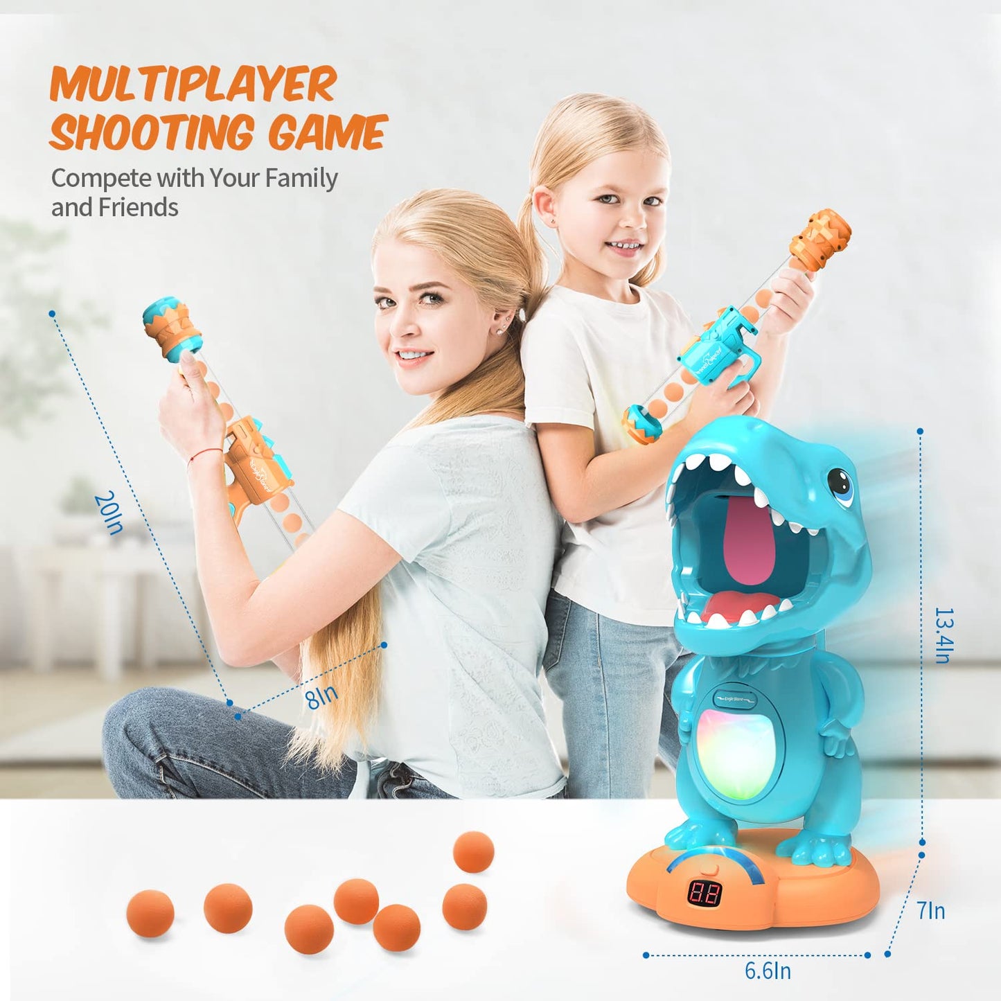 EagleStone Movable Dinosaur Shooting Toy – Electronic Target Practice with 2 Air Pump Guns, LCD Score Tracker, 48 Foam Balls for Kids 5–9