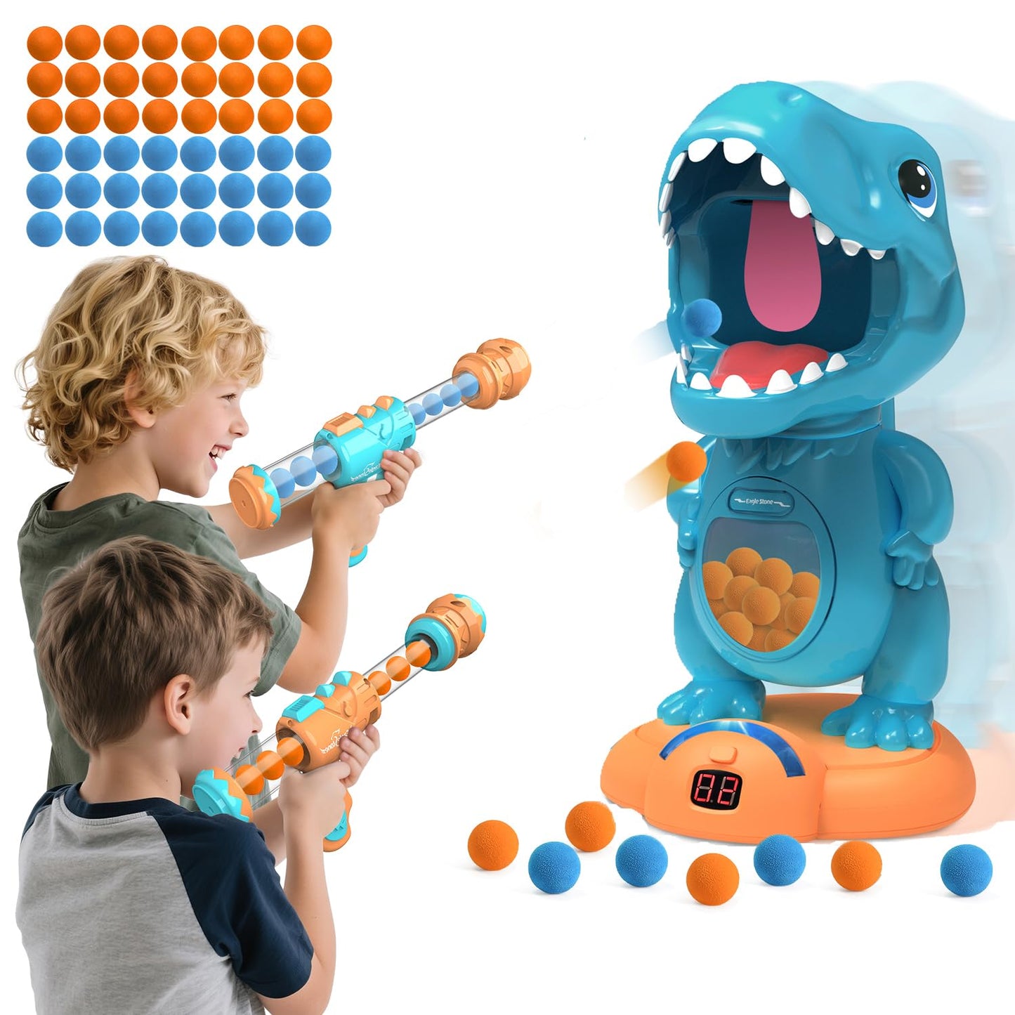 EagleStone Movable Dinosaur Shooting Toy – Electronic Target Practice with 2 Air Pump Guns, LCD Score Tracker, 48 Foam Balls for Kids 5–9