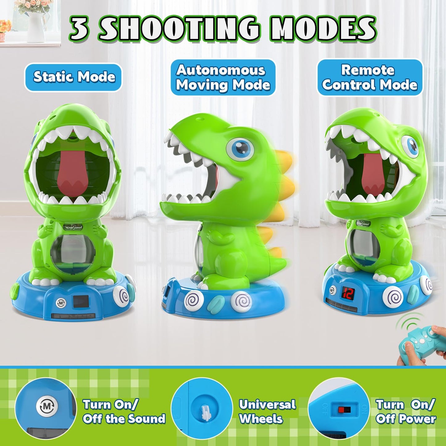 EagleStone Remote Control Movable Shooting Dinosaur Toy – 3-8 Year Olds, 2.4GHz RC, Auto Scoring & Smoke