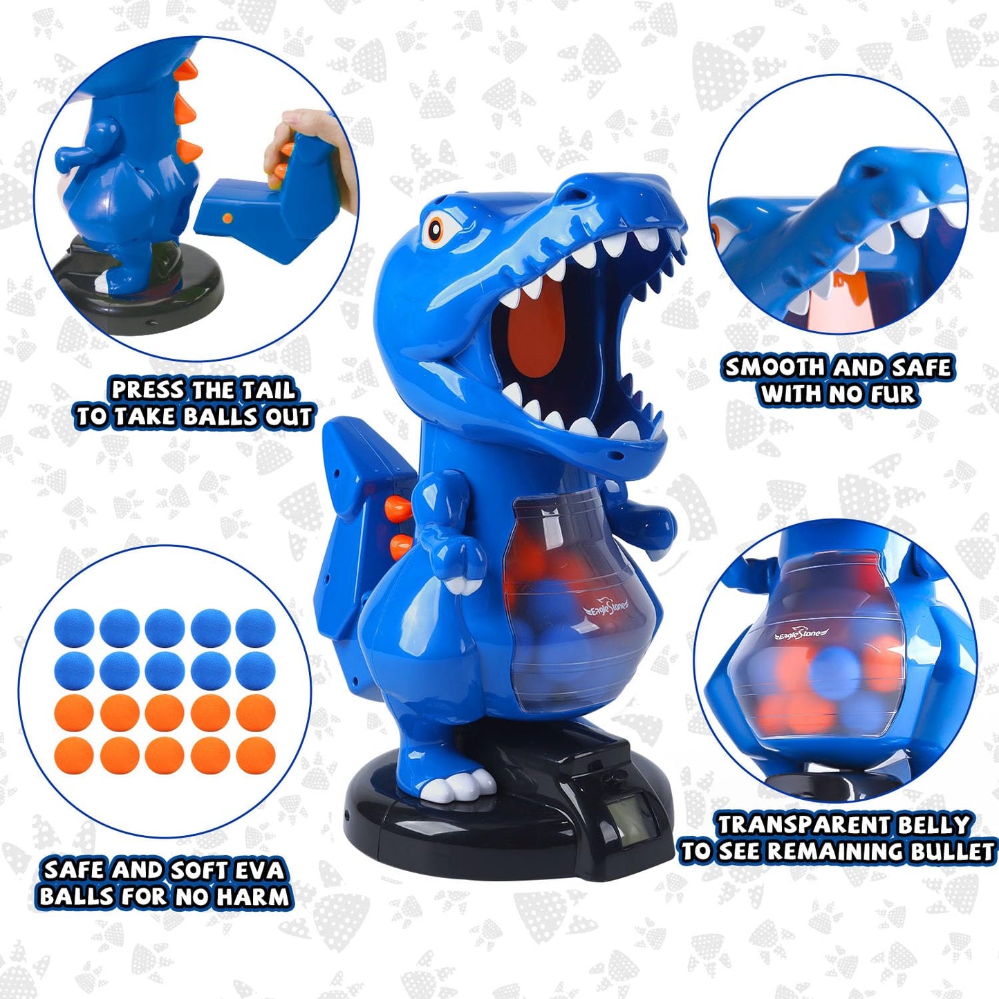 EagleStone T-Rex Dinosaur Shooting Toy – Safe Foam Ball Blaster for Kids 6-12