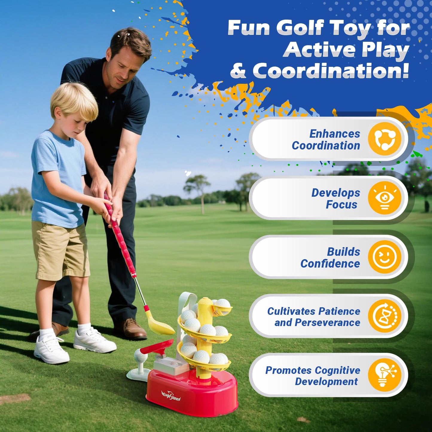 EagleStone Kids Golf Toy Set with Automatic Ball Dispenser – Indoor & Outdoor Play for Ages 3–7