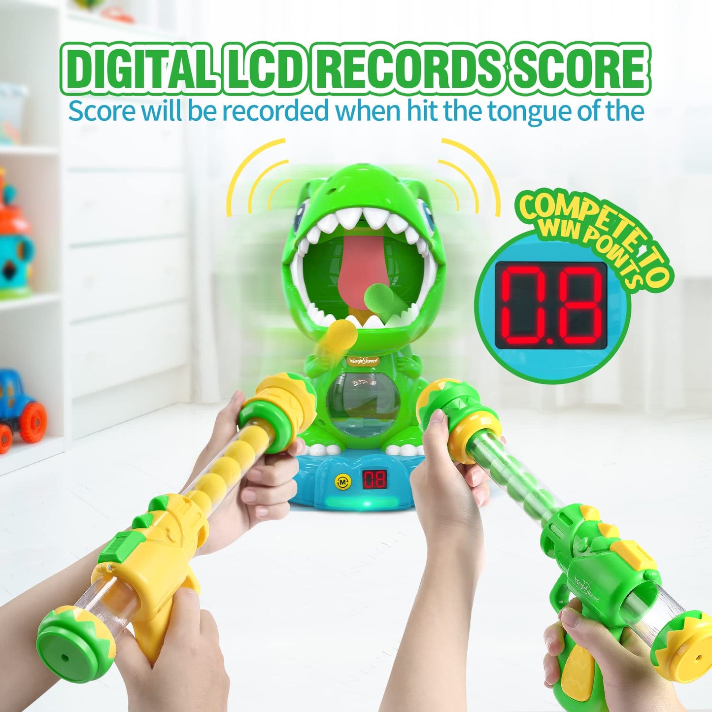 EagleStone Movable Dinosaur Shooting Toy for Kids 5-7 – 2 Guns, 48 Foam Balls, Light & Sound