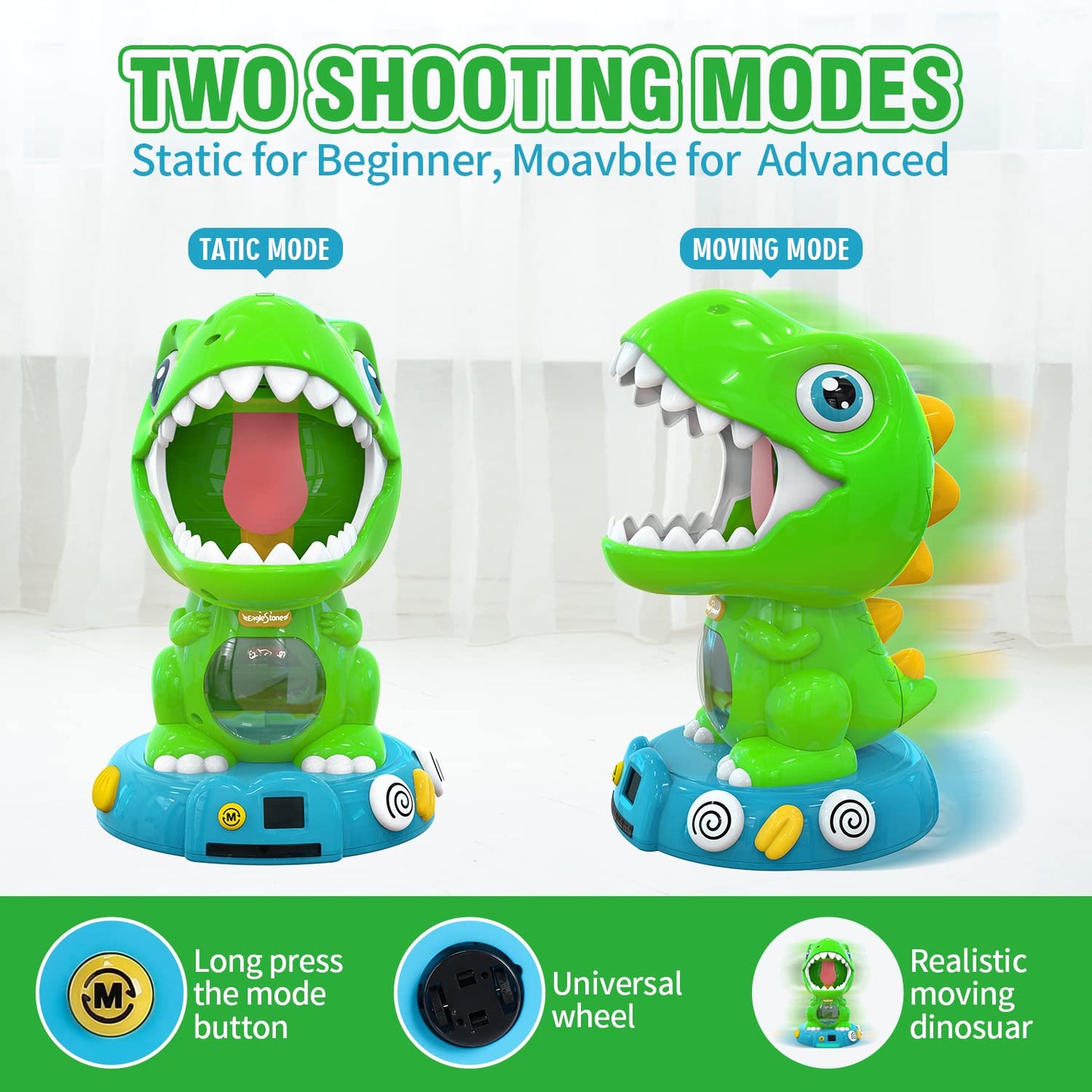 EagleStone Movable Dinosaur Shooting Toy for Kids 5-7 – 2 Guns, 48 Foam Balls, Light & Sound
