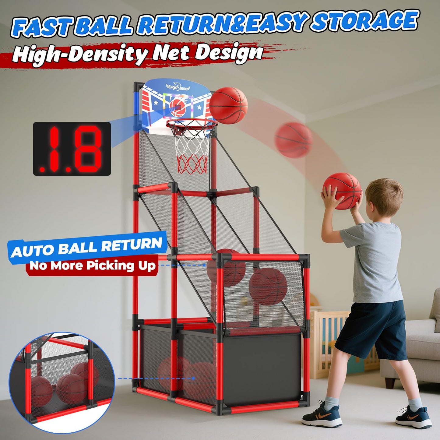 EagleStone Kids Adjustable Arcade Basketball Hoop with LED Lights & Scoreboard | Indoor & Outdoor